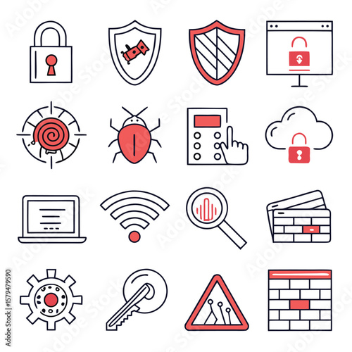 Cybersecurity icons with lock bug shield and network symbols