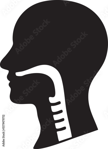 Human Head Silhouette with Throat and Trachea Anatomy Medical Illustration in Black and White