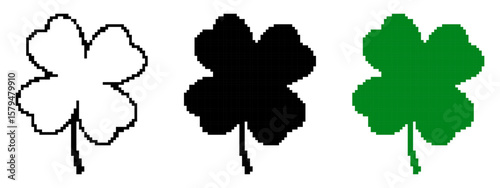 Set of Clover templates in pixel art style. Green and black good luck symbols. Four-leaf clover, botanical, labels. Isolated on white background