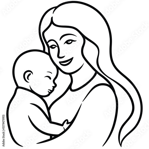 Joyful mother tenderly holding her sleeping baby in a loving embrace simple line art silhouette