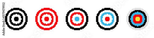 PrintSet of Target templates in pixel art style. Colorful circular target indicators. Bullseye, aiming mark, labels. Isolated on white background