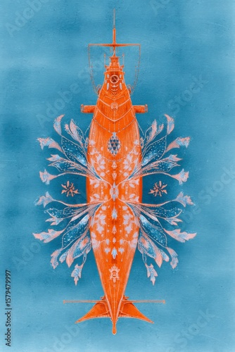 Artistic submarine design featuring floral motifs against a blue background Generative AI