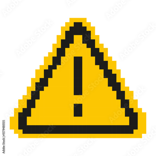 Warning templates in pixel art style. Yellow alert silhouettes. Exclamation mark, hazard sign, labels. Isolated on white background.