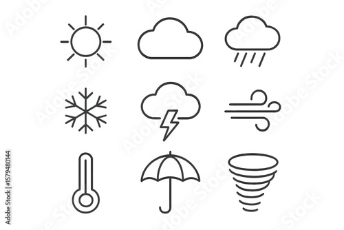 Weather symbols illustrating sun, rain, snow, and storm conditions in a minimalist design suitable for educational purposes