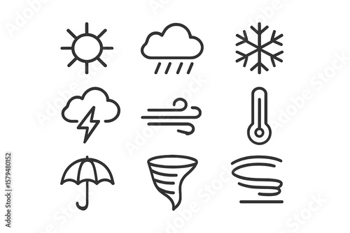Weather symbols illustrating various climatic conditions such as sun, rain, snow, and storms suitable for educational use