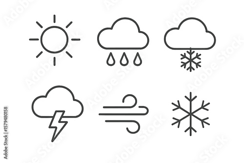 Various weather symbols depicting sun, rain, snow, wind, temperature, and storm conditions in a simple graphic layout