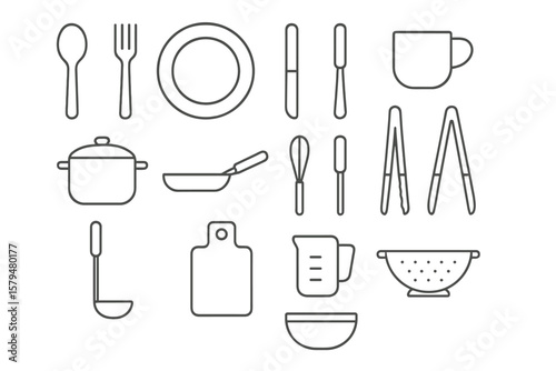 Kitchen utensils and tools arranged in a grid pattern for cooking and meal preparation in a modern style