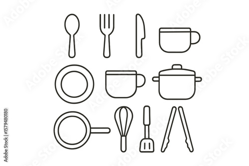 Kitchen utensils and cookware arranged in a tidy layout for meal preparation and cooking activities