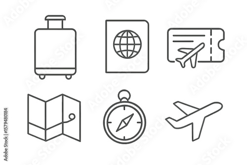 Travel symbols depicting various transportation methods and travel essentials for planning an adventure