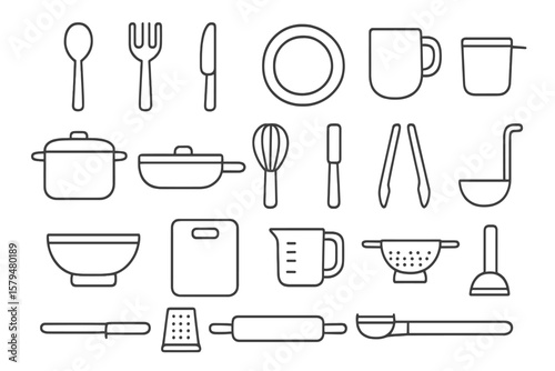 Kitchen utensils arranged in a neat layout for culinary preparation and cooking tasks