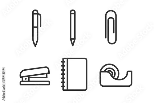 Office supplies including pens, a stapler, tape, a notepad, and a paper clip arranged neatly on a desk