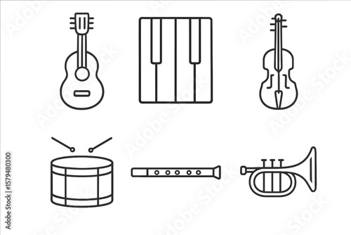 Collection of musical instruments including guitar, piano, violin, drum, flute, and trumpet in a simple design