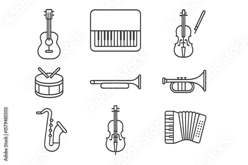 Collection of musical instruments displayed in a grid layout showcasing variety in music types and styles