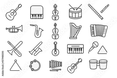 Various musical instruments arranged in a grid layout showcasing diversity in sound and culture