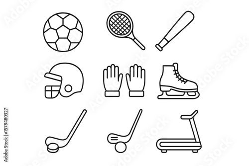 Sports equipment icons representing various activities such as soccer, tennis, baseball, and ice hockey