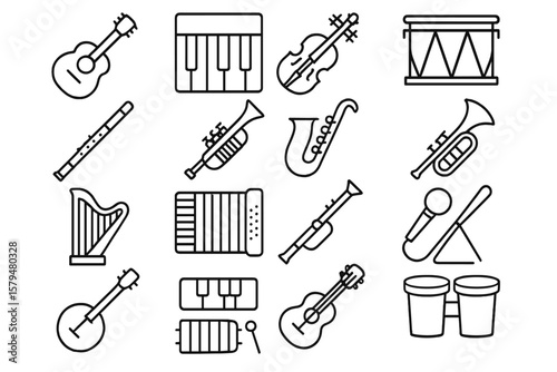 Musical instruments arranged in a grid pattern showcasing diverse types and styles in a minimalistic design