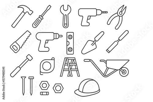 Essential tools for construction and home improvement projects displayed on a flat surface