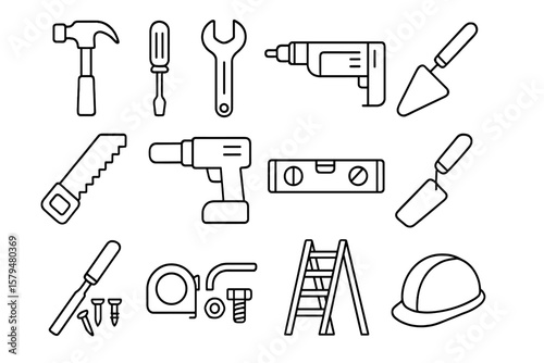 Collection of essential hand tools and equipment displayed clearly on a bright backdrop