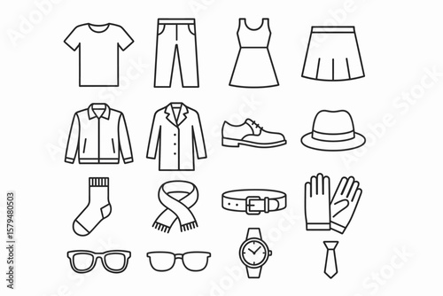 Clothing and accessories collection featuring various garments and fashion items in simple line art