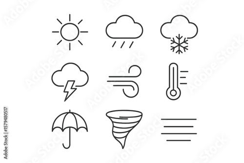 Weather symbols featuring sun, cloud, snow, wind, rain, temperature, lightning, umbrella, and tornado in a minimalist design