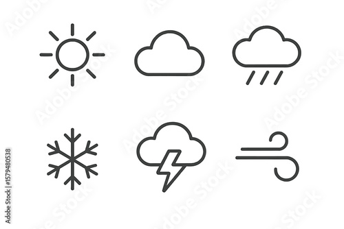Various weather icons depicting sun, clouds, rain, snow, thunderstorm, and wind in a simple design