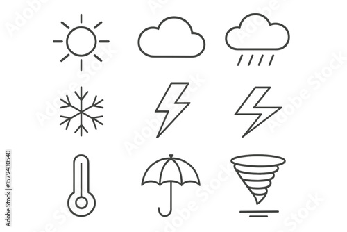 Weather symbols representing different climatic conditions and temperatures in a simple design format