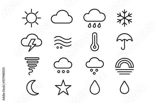 Weather symbols and icons displayed in a grid format illustrating different atmospheric conditions in a minimalist style