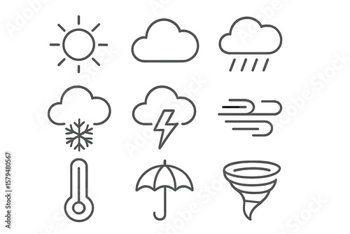 Weather icons representing various conditions like sun, rain, snow, thunder, and wind in a simple design format