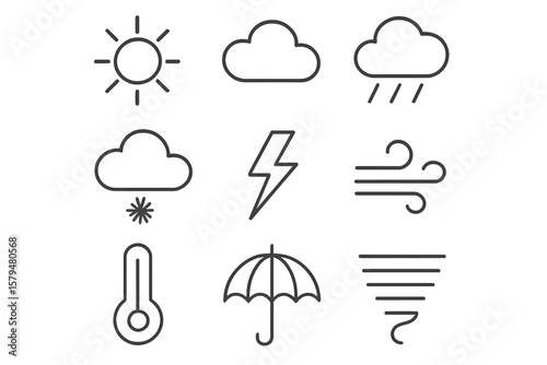 Weather icons representing various atmospheric conditions including sun, clouds, rain, and storms in a simple design