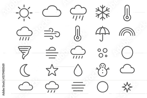 Different weather symbols representing sun, rain, snow, wind, and temperature changes in a simple design layout
