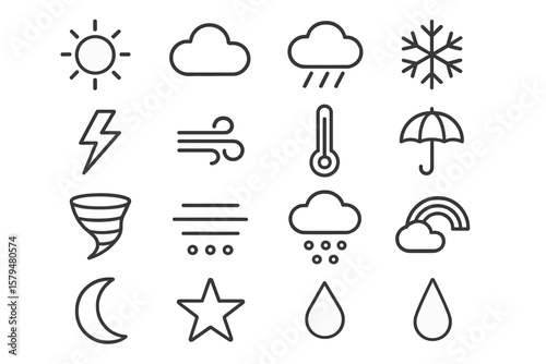 Weather symbols represent various atmospheric conditions in a simple and clear design suitable for educational purposes