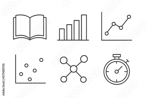 Visual representation of data analysis concepts showcasing graphs, charts, and time measurement tools for learning purposes