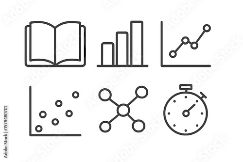 Visual representation of data analysis concepts including graphs, statistics, and time management tools for educational purposes