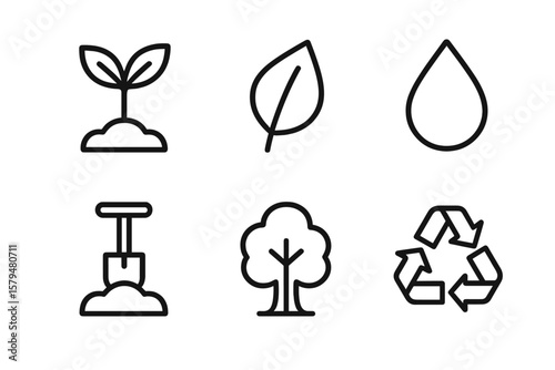 Icons representing environmental conservation, highlighting planting, recycling, and water resources for sustainability
