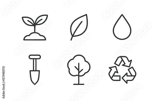 Various symbols representing nature, sustainability, and environmental care in a minimalist style