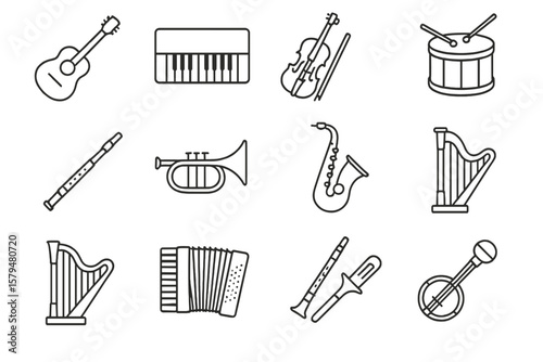 Collection of musical instruments displayed in a simple line art design showcasing variety in instruments and styles