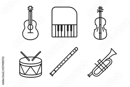 Musical instruments including guitar, piano, violin, drum, flute, and trombone arranged in a decorative layout