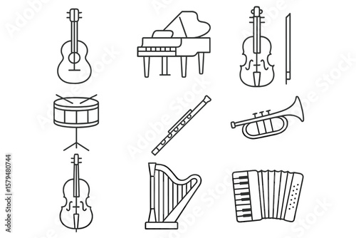 Various musical instruments displayed in a grid layout highlighting their unique shapes and designs