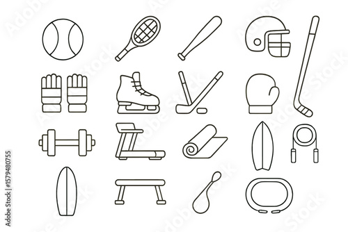 Collection of sports equipment including tennis racket, baseball bat, cricket helmet, gloves, and ice skates displayed in a grid pattern