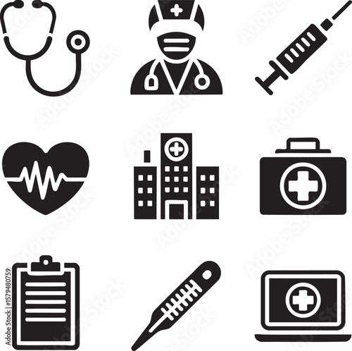 Medical Icons Healthcare, Hospital, Doctor, Nurse, and First Aid Symbols