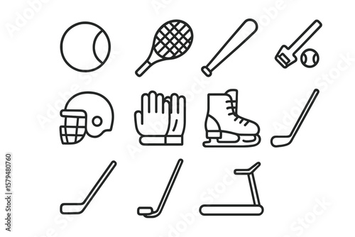 Collection of sports equipment including balls, bats, and skates shown in a simple black and white design
