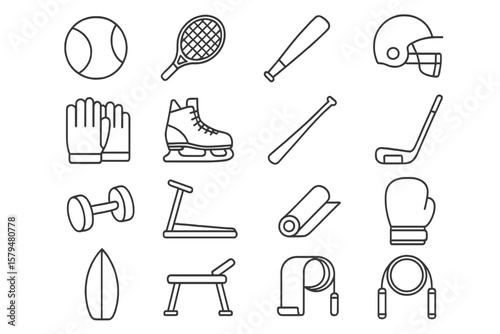 Variety of sports equipment including baseball, tennis, and hockey gear for recreational activities
