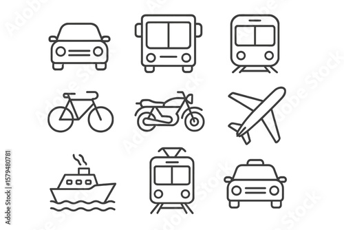 Different modes of transportation presented in simple illustrations on a white background showcasing vehicles used for travel