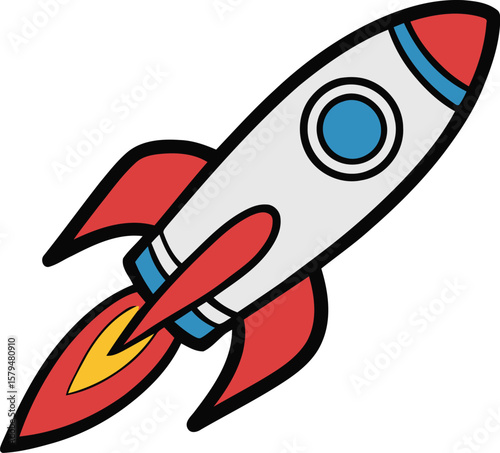Cartoon Rocket Ship Icon. Colorful Space Travel Illustration with Flame Trail. Space rocket vector.