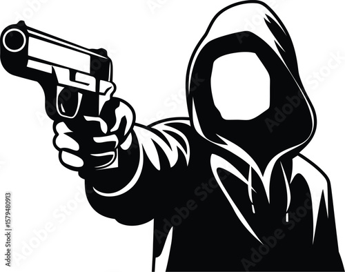 Hooded Figure Aiming Handgun vector. Stylized Vector Illustration for Crime or Security Concept.