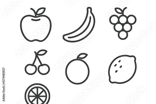 Collection of simple line drawings of various fruits including apples and bananas in a grid layout