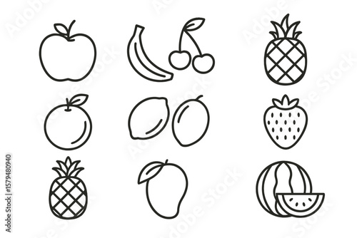 Variety of hand-drawn fruit icons displayed in a grid format showcasing nature's bounty in simple outlines