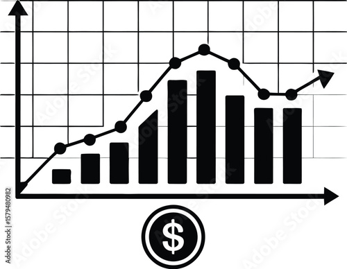 Financial Growth Chart with Bar Graph, Line Graph, and Dollar Symbol. Economic Data Illustration. Vector icon.