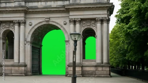 Wallpaper Mural View of stone archway with green screen openings and decorative pillars in an outdoor setting Torontodigital.ca