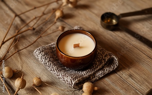 Cozy autumn scene with a lit candle and dried natural elements on wood